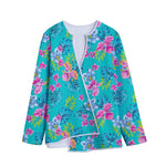 Teal Aloha Tropical Pattern Print Long Sleeve Short Coat