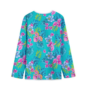 Teal Aloha Tropical Pattern Print Long Sleeve Short Coat