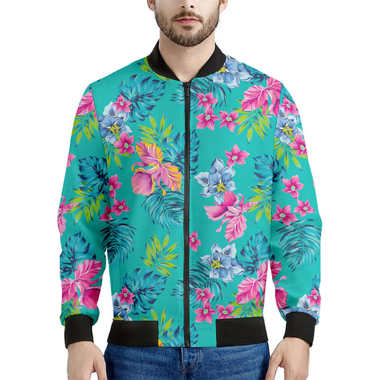 Teal Aloha Tropical Pattern Print Men's Bomber Jacket