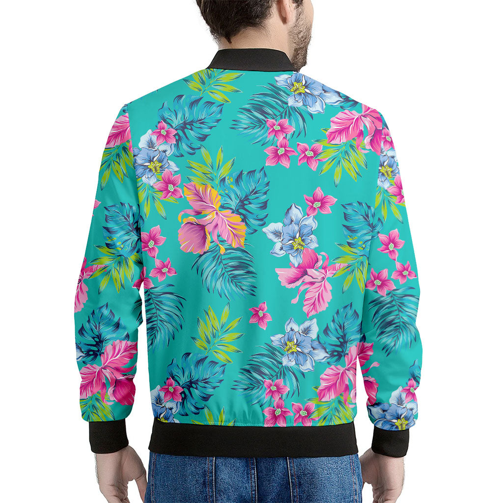 Teal Aloha Tropical Pattern Print Men's Bomber Jacket