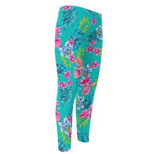 Teal Aloha Tropical Pattern Print Men's Compression Pants