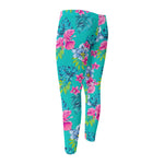 Teal Aloha Tropical Pattern Print Men's Compression Pants