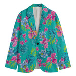 Teal Aloha Tropical Pattern Print Men's Cotton Blazer