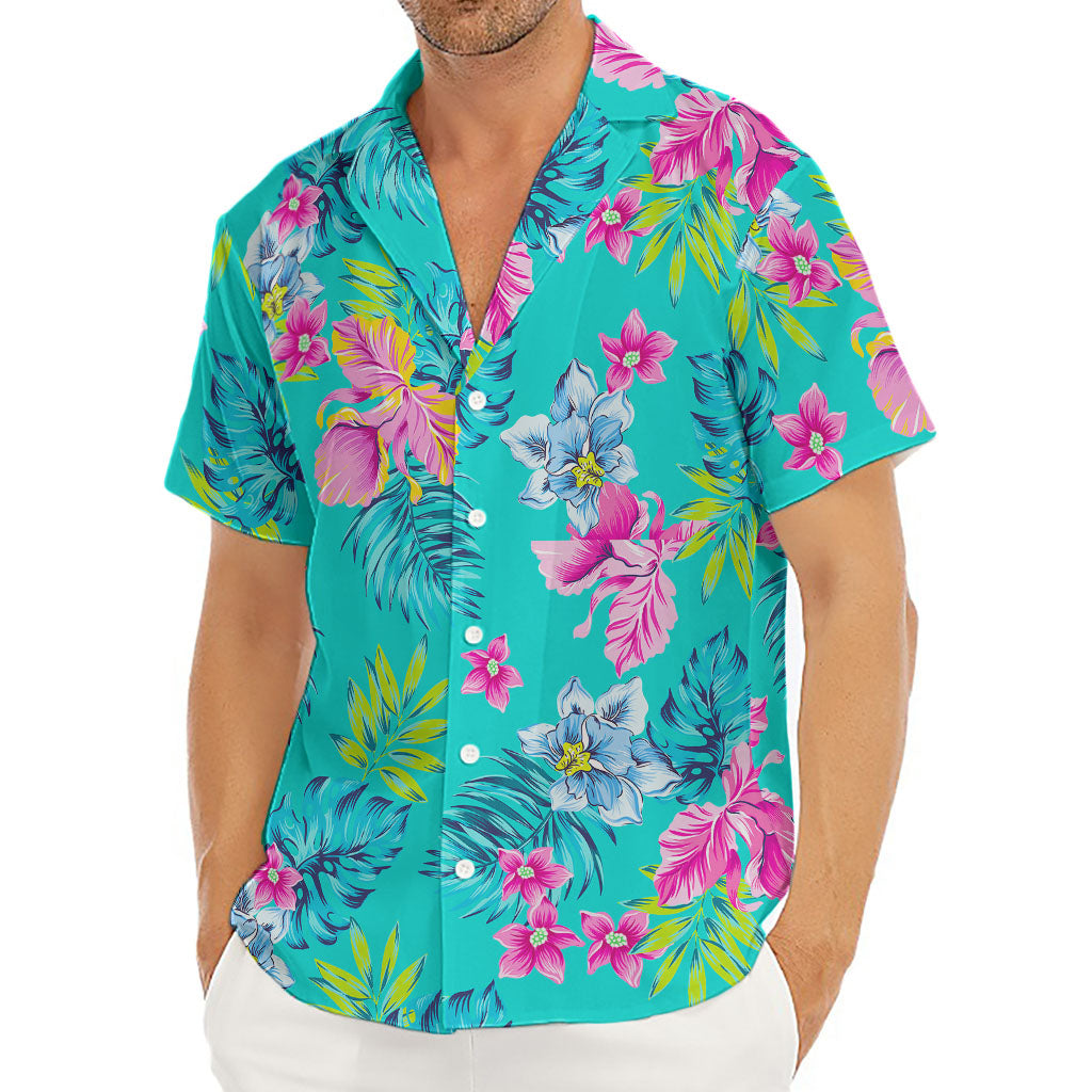 Teal Aloha Tropical Pattern Print Men's Deep V-Neck Shirt