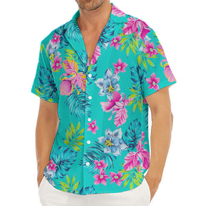 Teal Aloha Tropical Pattern Print Men's Deep V-Neck Shirt