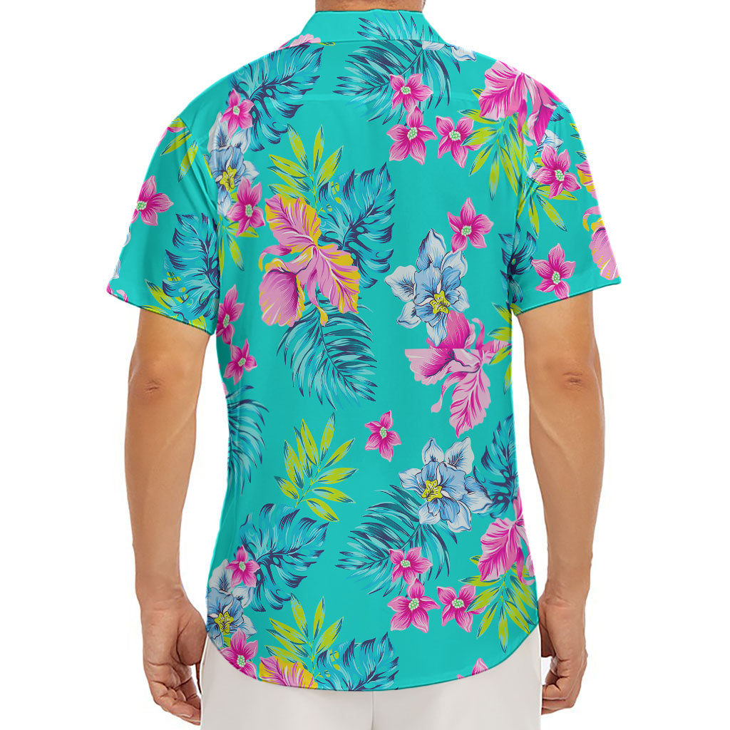 Teal Aloha Tropical Pattern Print Men's Deep V-Neck Shirt