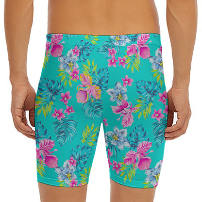 Teal Aloha Tropical Pattern Print Men's Long Boxer Briefs