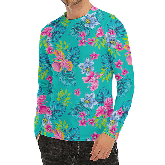 Teal Aloha Tropical Pattern Print Men's Long Sleeve Rash Guard