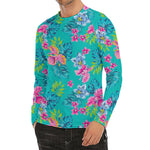 Teal Aloha Tropical Pattern Print Men's Long Sleeve Rash Guard