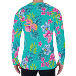Teal Aloha Tropical Pattern Print Men's Long Sleeve T-Shirt