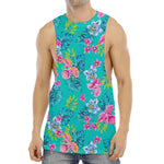 Teal Aloha Tropical Pattern Print Men's Muscle Tank Top
