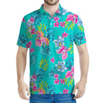 Teal Aloha Tropical Pattern Print Men's Polo Shirt