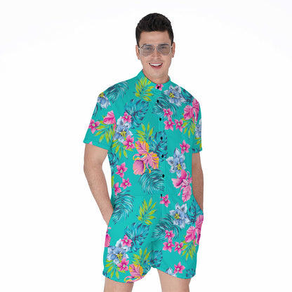 Teal Aloha Tropical Pattern Print Men's Rompers