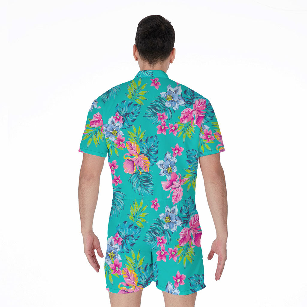 Teal Aloha Tropical Pattern Print Men's Rompers