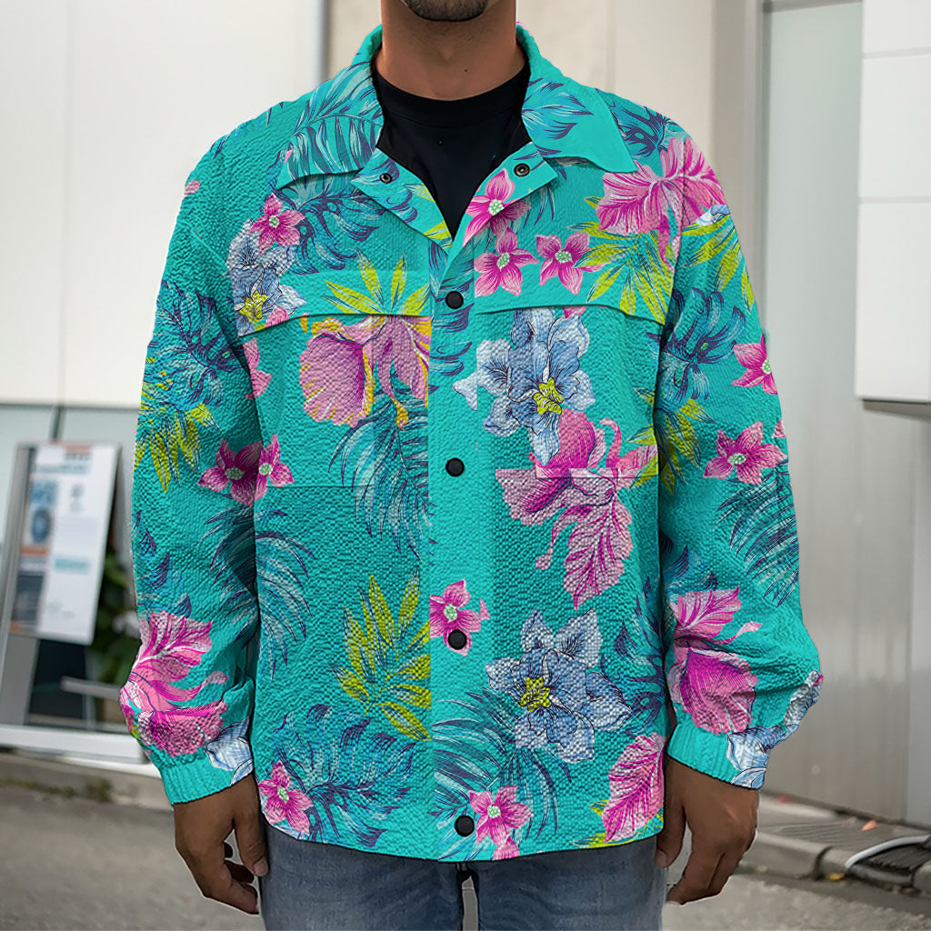 Teal Aloha Tropical Pattern Print Men's Shirt Jacket