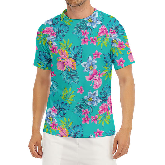 Teal Aloha Tropical Pattern Print Men's Short Sleeve Rash Guard