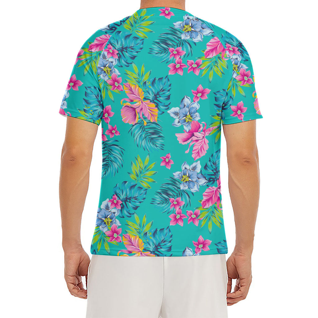 Teal Aloha Tropical Pattern Print Men's Short Sleeve Rash Guard