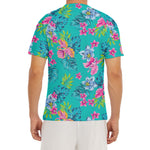 Teal Aloha Tropical Pattern Print Men's Short Sleeve Rash Guard