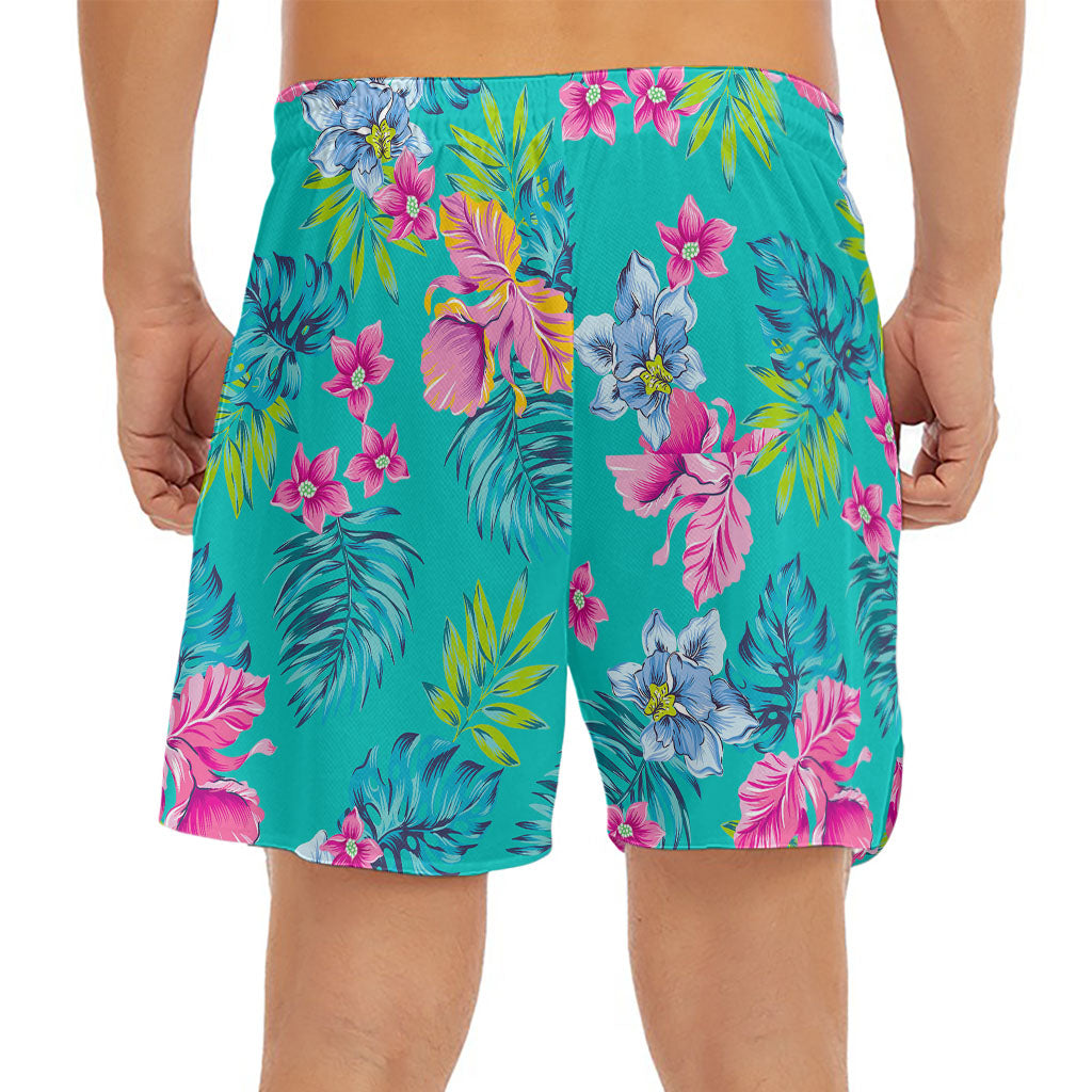 Teal Aloha Tropical Pattern Print Men's Split Running Shorts