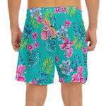 Teal Aloha Tropical Pattern Print Men's Split Running Shorts