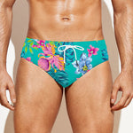 Teal Aloha Tropical Pattern Print Men's Swim Briefs