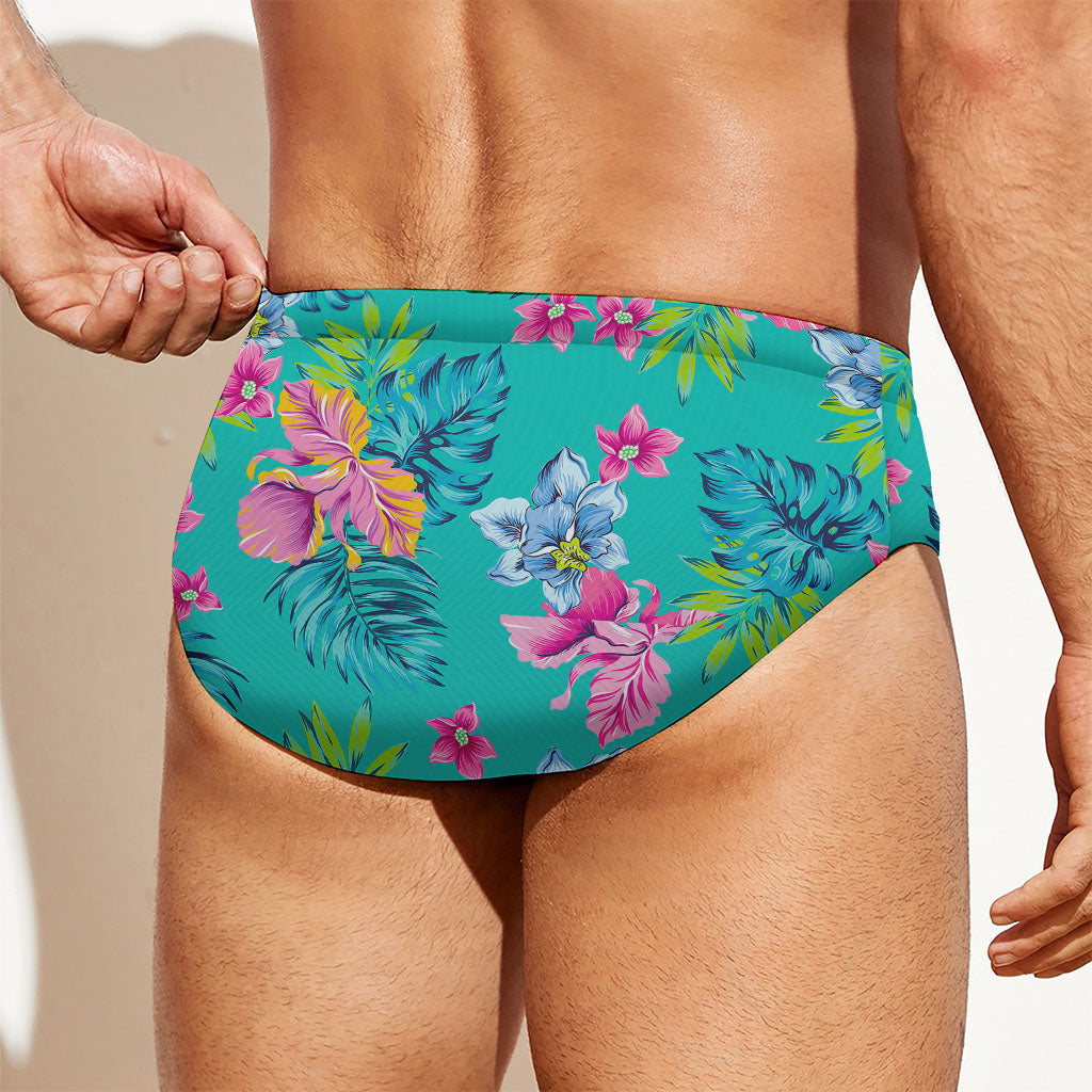 Teal Aloha Tropical Pattern Print Men's Swim Briefs