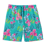 Teal Aloha Tropical Pattern Print Men's Swim Trunks