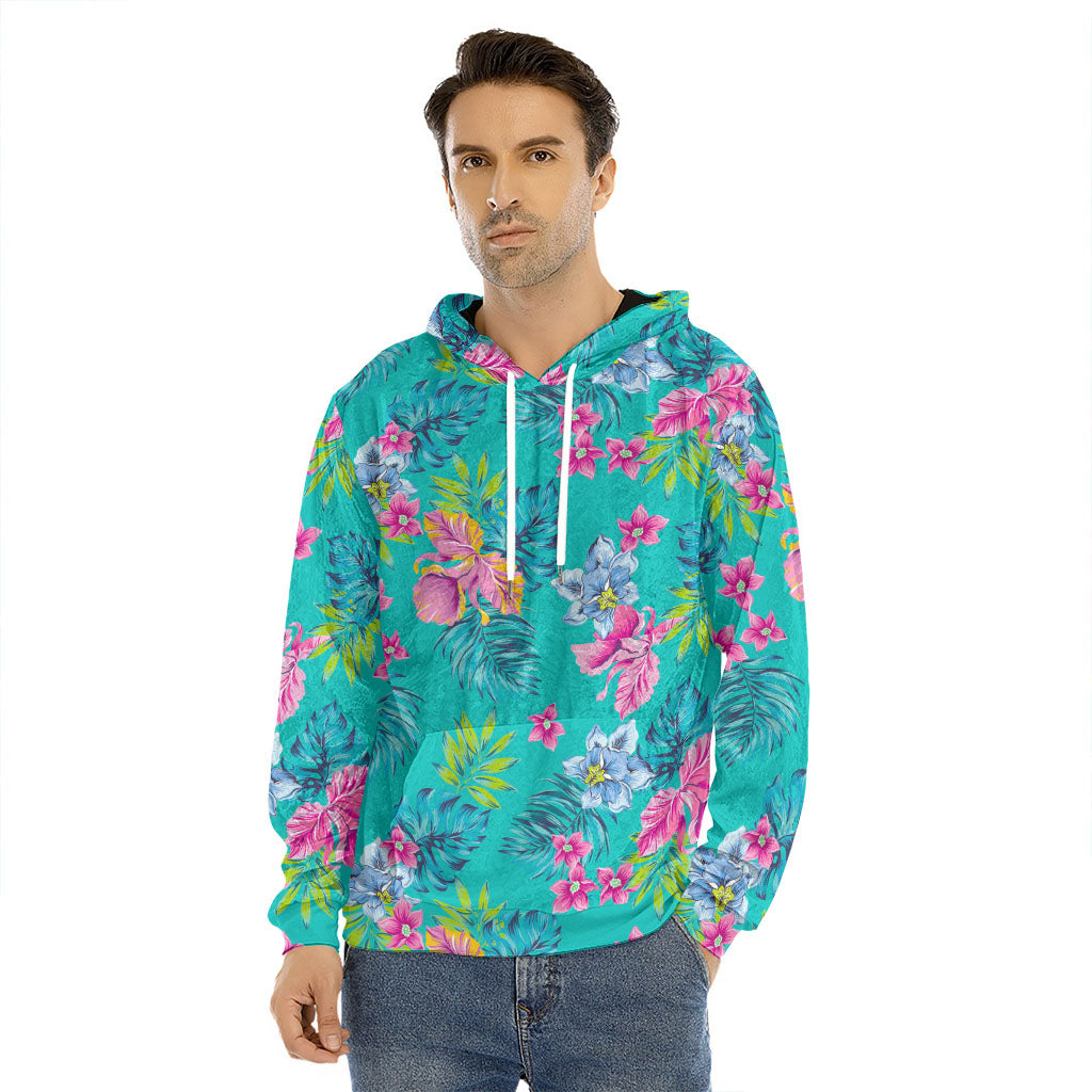 Teal Aloha Tropical Pattern Print Men's Velvet Pullover Hoodie