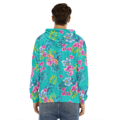 Teal Aloha Tropical Pattern Print Men's Velvet Pullover Hoodie