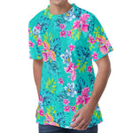 Teal Aloha Tropical Pattern Print Men's Velvet T-Shirt