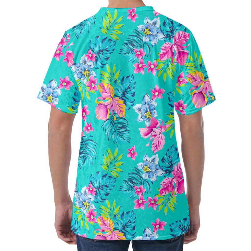 Teal Aloha Tropical Pattern Print Men's Velvet T-Shirt