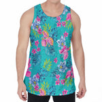 Teal Aloha Tropical Pattern Print Men's Velvet Tank Top