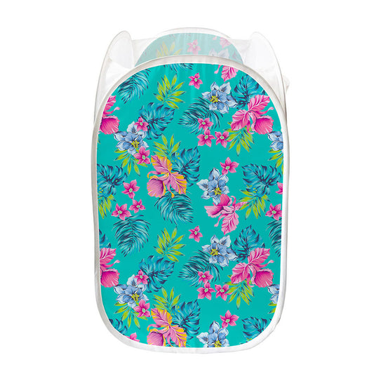 Teal Aloha Tropical Pattern Print Mesh Laundry Hamper