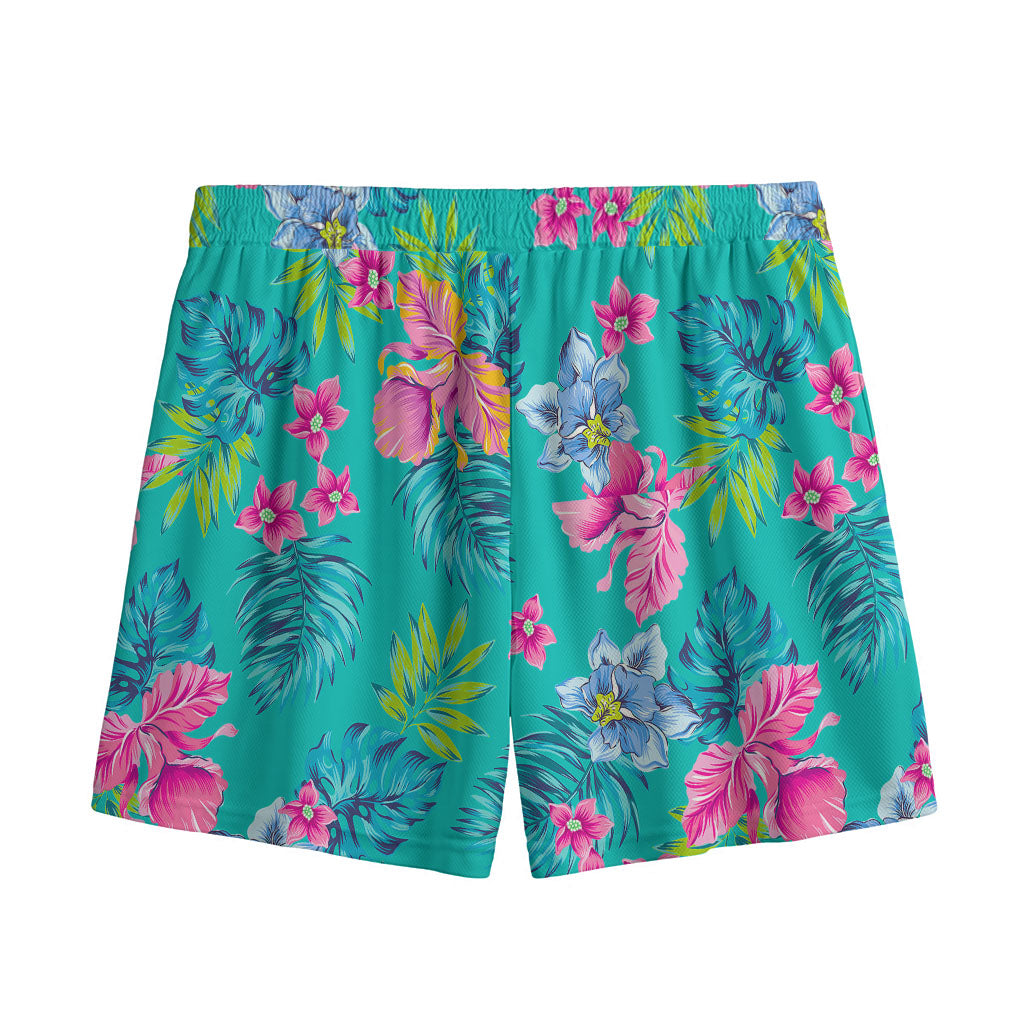 Teal Aloha Tropical Pattern Print Mesh Shorts