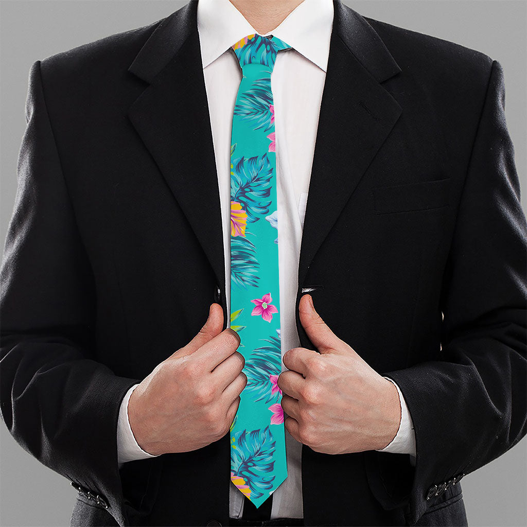 Teal Aloha Tropical Pattern Print Necktie