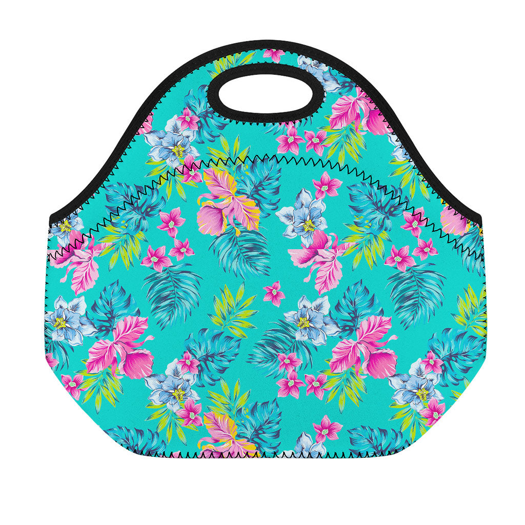 Teal Aloha Tropical Pattern Print Neoprene Lunch Bag