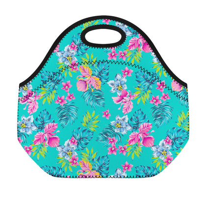 Teal Aloha Tropical Pattern Print Neoprene Lunch Bag