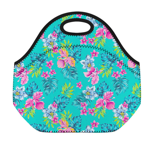 Teal Aloha Tropical Pattern Print Neoprene Lunch Bag