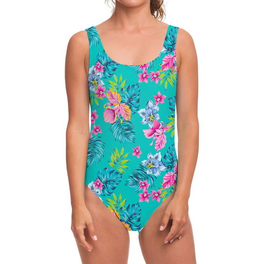 Teal Aloha Tropical Pattern Print One Piece Swimsuit