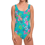Teal Aloha Tropical Pattern Print One Piece Swimsuit