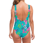 Teal Aloha Tropical Pattern Print One Piece Swimsuit