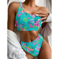 Teal Aloha Tropical Pattern Print One Shoulder Bikini Set