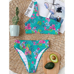 Teal Aloha Tropical Pattern Print One Shoulder Bikini Top