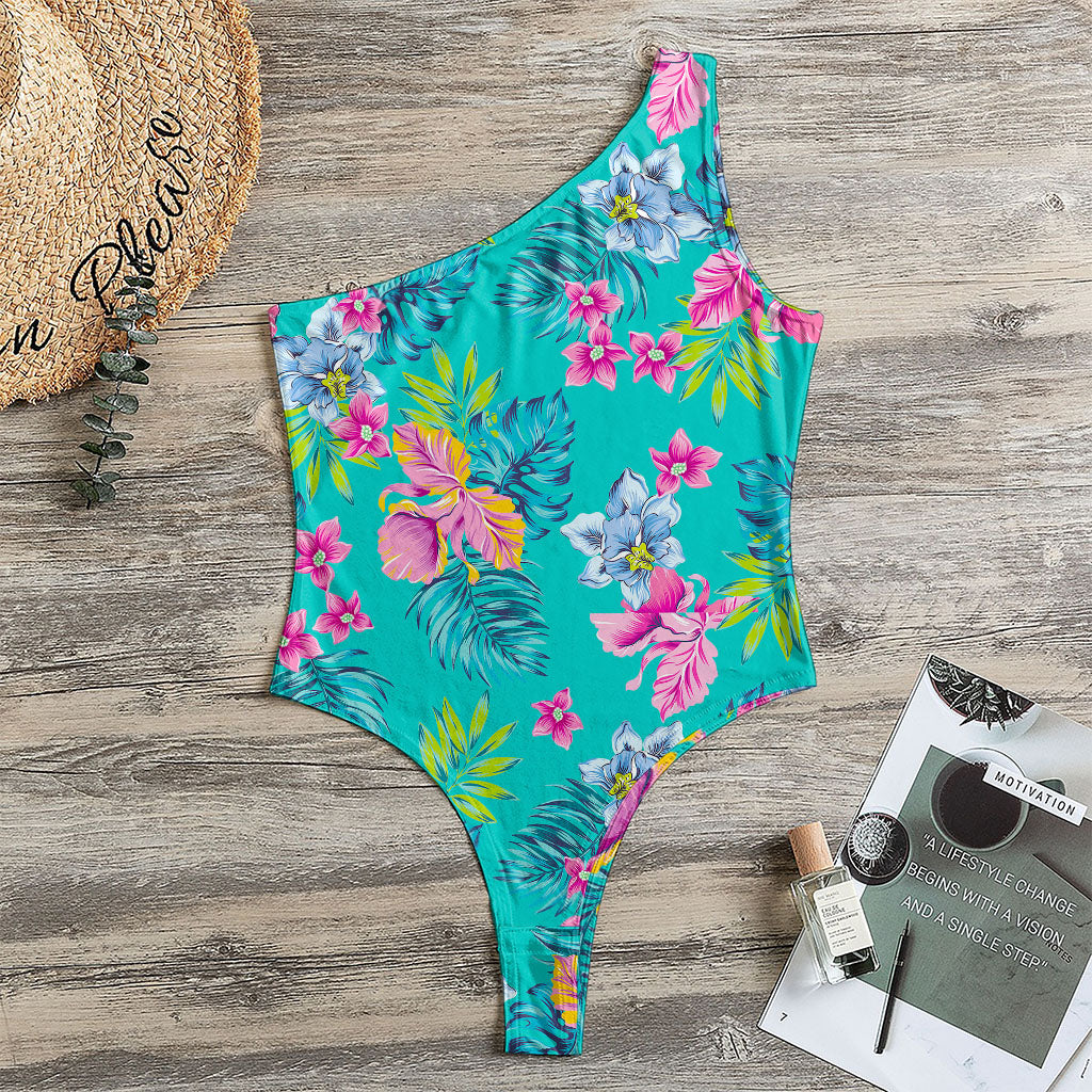 Teal Aloha Tropical Pattern Print One Shoulder Bodysuit
