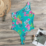 Teal Aloha Tropical Pattern Print One Shoulder Bodysuit
