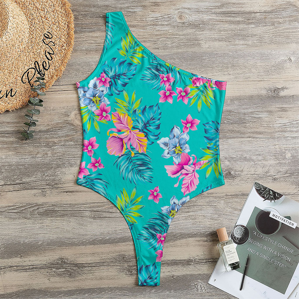 Teal Aloha Tropical Pattern Print One Shoulder Bodysuit