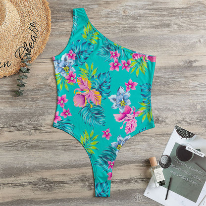 Teal Aloha Tropical Pattern Print One Shoulder Bodysuit
