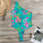Teal Aloha Tropical Pattern Print One Shoulder Bodysuit