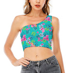 Teal Aloha Tropical Pattern Print One Shoulder Crop Top