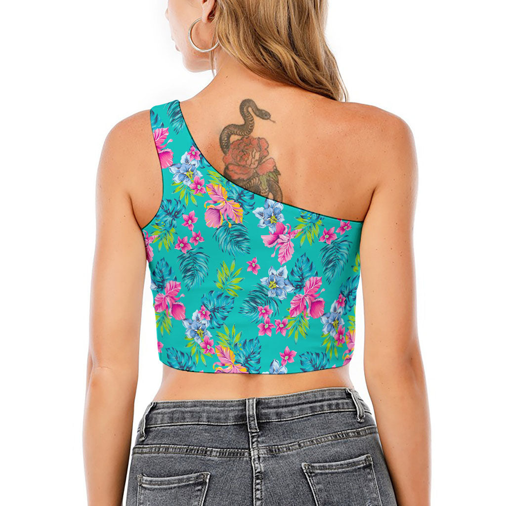 Teal Aloha Tropical Pattern Print One Shoulder Crop Top